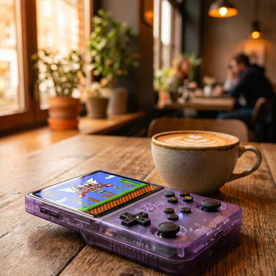 PixelHandheld Retro-Konsole lila im Café