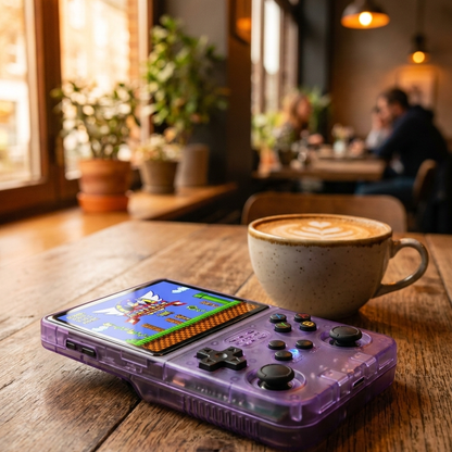 PixelHandheld Retro-Konsole lila im Café