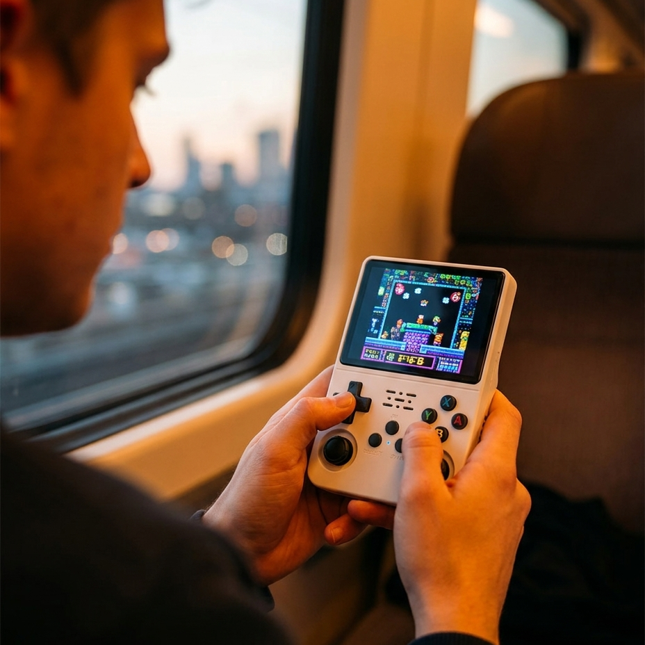PixelHandheld Retro-Konsole weiß beim Spielen im Zug